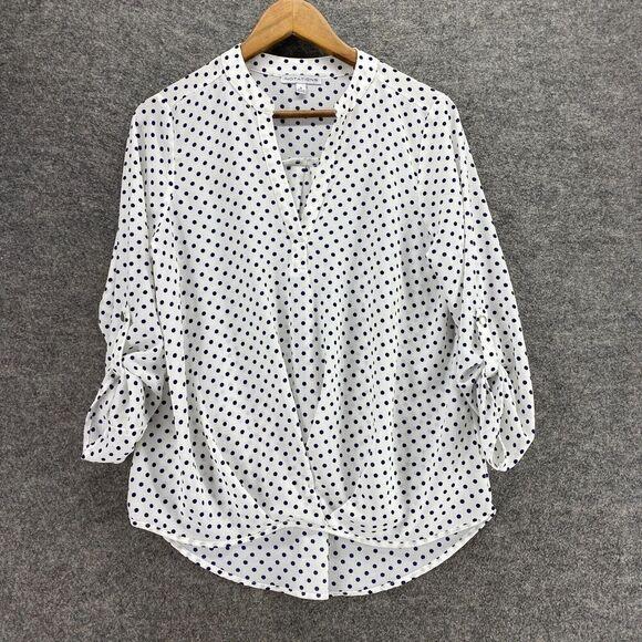 5/$45 Notations Blouse Women M Medium White Polka Dot V-Neck Long Sleeve - Picture 1 of 9